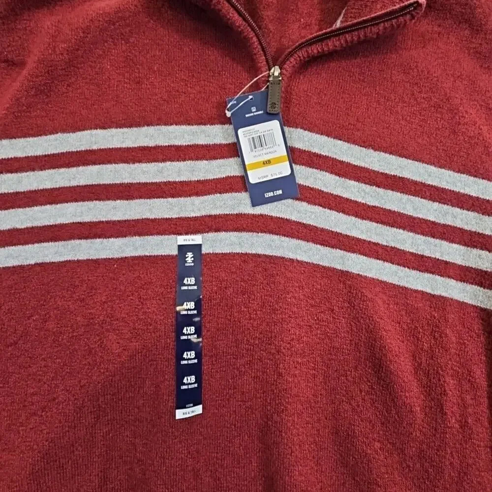 Izod Sweater Men's 4X Big & Tall Red & Grey 1/4 Zip Long Sleeve NWT Quiet Luxury